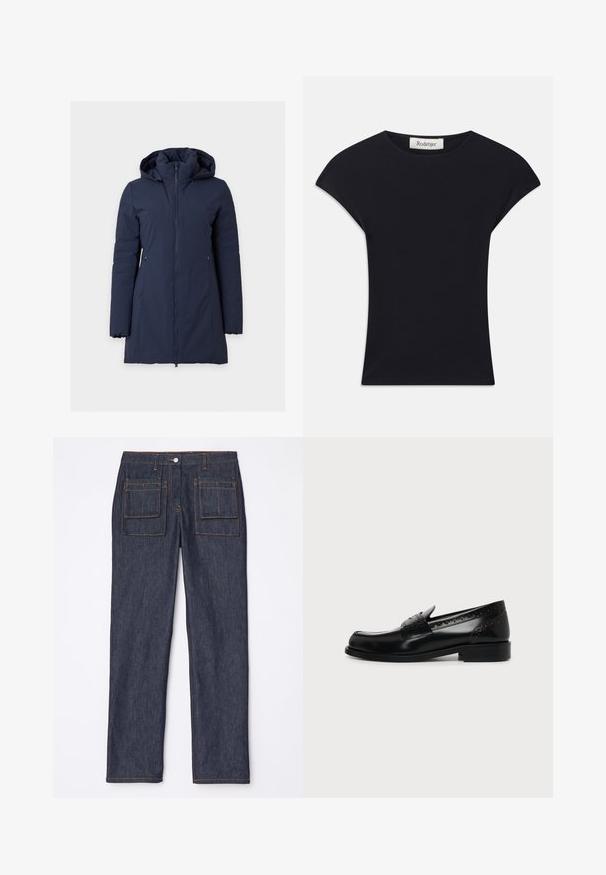 Long manteau d'hiver bleu marine avec capuche, fermeture éclair devant et deux poches latérales zippées sur fond uni.; Haut noir à manches courtes en tissu doux, avec un col rond et une coupe ajustée, ornée de légers accents d'épaule. Étiquette visible.; Jean en denim bleu marine avec une coupe droite, dotés de deux poches arrière et de surpiqûres orange contrastantes.; Mocassin homme en cuir noir avec détails brogue et petit talon, présenté en profil sur un fond clair uni.