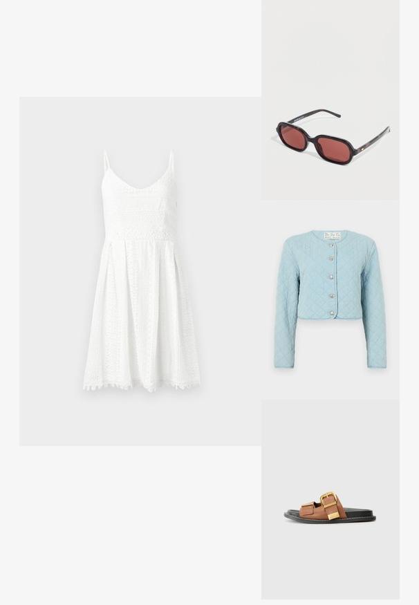 Veste courte en denim bleu clair matelassée avec des manches longues, dotée d'un col rond et de cinq boutons brillants à l'avant.; Robe en dentelle blanche avec un corsage ajusté et une jupe évasée. Présente des bretelles fines, un décolleté en V et des motifs floraux délicats.; Sandale à glissière en cuir brun avec deux accents de boucle, une semelle noire et un détail cousu le long du bord. Design plat et ouvert au niveau des orteils.; Lunettes de soleil écaille avec montures ovales, verres rougeâtres et branches fines. Dotées d'un petit accent doré et du logo sur la branche.