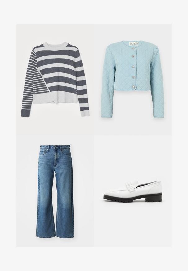 Lysblå quiltet cropped jakke med lange ærmer, der har rund halsudskæring og fem skinnende knaplukninger foran.; Stribet sweater med rund hals, der har en blanding af mørkegrå og lysegrå vandrette striber i varierende bredder og en blød tekstur.; Bredde ben blå denimjeans med mid-rise talje, fem lommer og subtile falmninger. Funktionen inkluderer bæltestropper og syede detaljer.; Elleme CHOUCHOU SQUARE LOAFER - Loafers - white