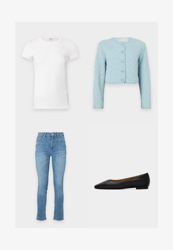 Veste courte en denim bleu clair matelassée avec des manches longues, dotée d'un col rond et de cinq boutons brillants à l'avant.; T-shirt à manches courtes blanc côtelé avec un col rond. Le tissu semble lisse avec une silhouette ajustée. Étiquette de marque visible au niveau du col.; Jean en denim bleu clair avec une coupe ajustée, taille mi-haute, design à cinq poches et décoloration subtile au niveau des cuisses, avec des accents brodés.; Chaussure plate en cuir noir à bout pointu avec talon bas et finition lisse, vue de côté sur un fond gris clair.