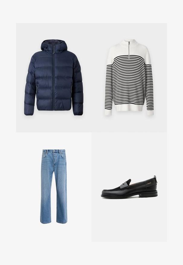 Tommy Jeans HOODED LOGO PUFFER - Winterjas - dark night navy; Half-zip pullover trui in wit en zwarte strepen, met een geribde kraag, textuur breiwerk en effen witte manchetten en zoom.; Lichtblauwe denim jeans met een straight-leg ontwerp, vijf zakken, knoopsluiting, minimale vervaging en contrasterende stikseldetails.; Zwarte leren loafer met grijs riemdetailelement, lage hak en gestructureerde zool, aan de zijkant gebrandmerkt met "HUGO" in goud.