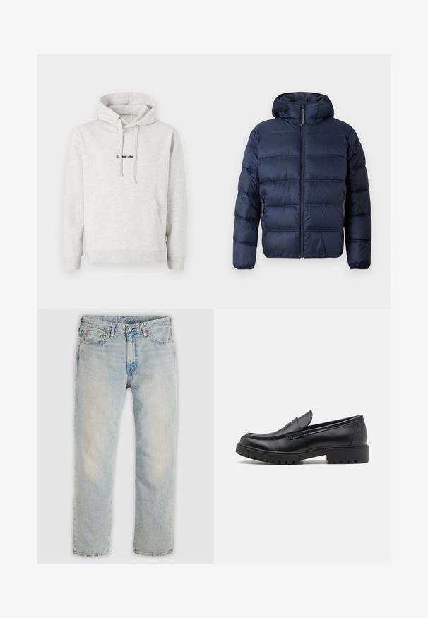 Tommy Jeans HOODED LOGO PUFFER - Talvitakki - dark night navy; Vaaleanharmaa huppari, jossa on kengurupocketti, nyöritettävä huppu ja musta brodeeraus edessä. Puuvillasekoituskangas, ribbikujat.; Vaaleansiniset haalistuneet suoralahkeiset farkut, joissa on etutaskut, vyölenkit sekä nappi- ja vetoketjusuljin.; Mustat nahkakengät, joissa on pyöreä varvas, kenkien helposti liukuvat mallit ja paksu kumipohja, jossa on teksturoitu pito. Korotettu kanta ja hillityt ompeluyksityiskohdat.