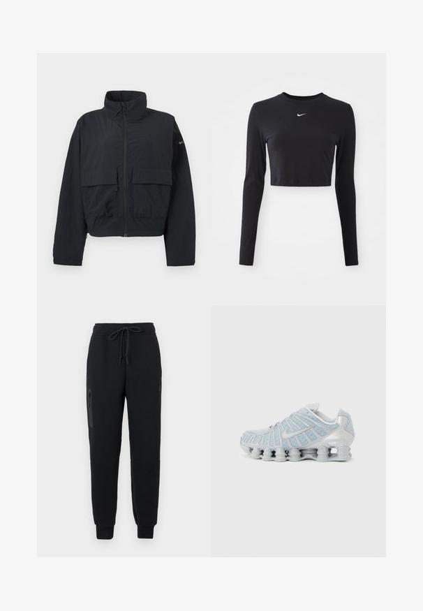 Musta vetoketjullinen takki korkealla kauluksella ja kahdella suurella etutaskulla, asetettuna yksinkertaista valkoista taustaa vasten.; Mustat pitkät hihat crop-top, joka on valmistettu sileästä kankaasta. Siinä on pyöreä pääntie ja valkoinen Nike-logo rinnassa.; Mustat collegehousut, joissa on nauhavyötärö, vetoketjullinen sivutasku ja kavennetut hihnat. Valmistettu pehmeästä, teksturoidusta kankaasta.; Vaaleanharmaa urheilukenkä, jossa on jaettu pehmustepohja ja verkkopäällinen, sivussa swoosh-logo.