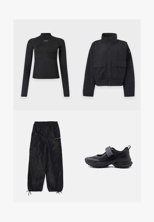 Veste noire à fermeture éclair avec col montant et deux grandes poches frontales à rabat, présentée sur un fond blanc uni.; Haut ajusté à manches longues noir avec col montant et logo "LeGer" blanc centré sur la poitrine, le tout sur fond blanc.; Pantalons cargo noirs en nylon brillant avec une taille élastique, cordon de serrage réglable, poches latérales et poignets élastiques.; Chaussure de sport noire avec semelle robuste, sangle réglable sur le dessus et languette à l'arrière, présentée de profil sur un fond blanc.