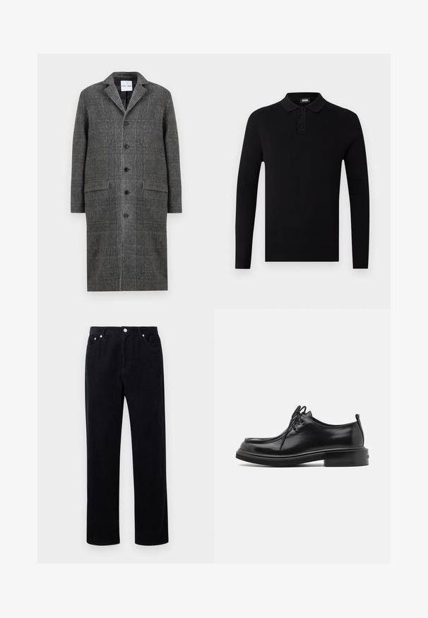 Manteau gris à motifs avec un col cranté, six boutons et deux poches avant, fabriqué dans un tissu en laine texturée.; Polo-shirt noir à manches longues avec une texture côtelée, patte de boutonnage à trois boutons et un col doux. Design simple et polyvalent.; Pantalons en velours côtelé noir avec une coupe droite, dotés d'une fermeture à bouton et fermeture éclair, de cinq poches et d'un tissu doux et texturé.; Calvin Klein LACE UP APRON BRUSH OFF - Derbies - black