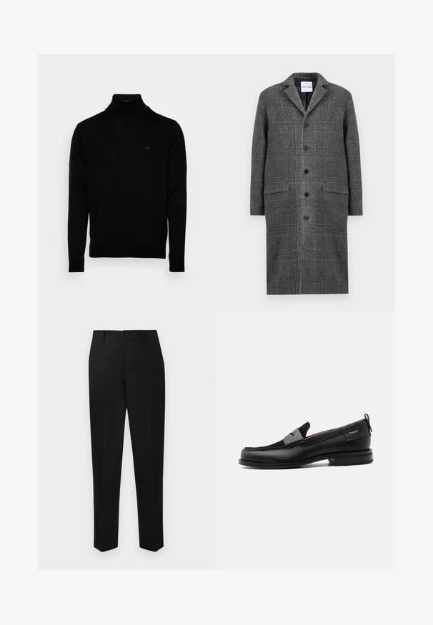 Grå mønsteret frakke med notch krave, seks knapper og to forlommer, lavet af et struktureret uldblandingsstof.; Sort turtleneck sweater, ribbet tekstur, lange ærmer, tætsiddende design, diskret Lacoste-logo på brystet, materialet er af mellemvægtigt strik.; Sorte skræddersyede bukser med et straight-leg design, der har lukning med knap og subtil tekstur. Ingen synlige mønstre eller accenter.; Sort læderloafer med grå remdetalje, lav hæl og tekstureret sål, mærket med "HUGO" i guld på siden.