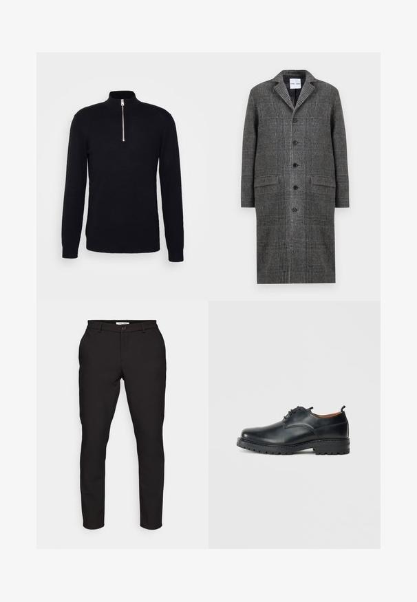 Manteau gris à motifs avec un col cranté, six boutons et deux poches avant, fabriqué dans un tissu en laine texturée.; Only & Sons ONSWYLER LIFE REG 14 HALF ZIP KNIT NOOS - Pullover - black; Pantalons noirs ajustés avec une coupe slim. Comprend une fermeture à glissière, un bouton, des poches latérales et un tissu lisse et léger.; Chaussures derby en cuir noir avec une texture lisse, bout rond, design à lacets et une semelle en caoutchouc épaisse et robuste.