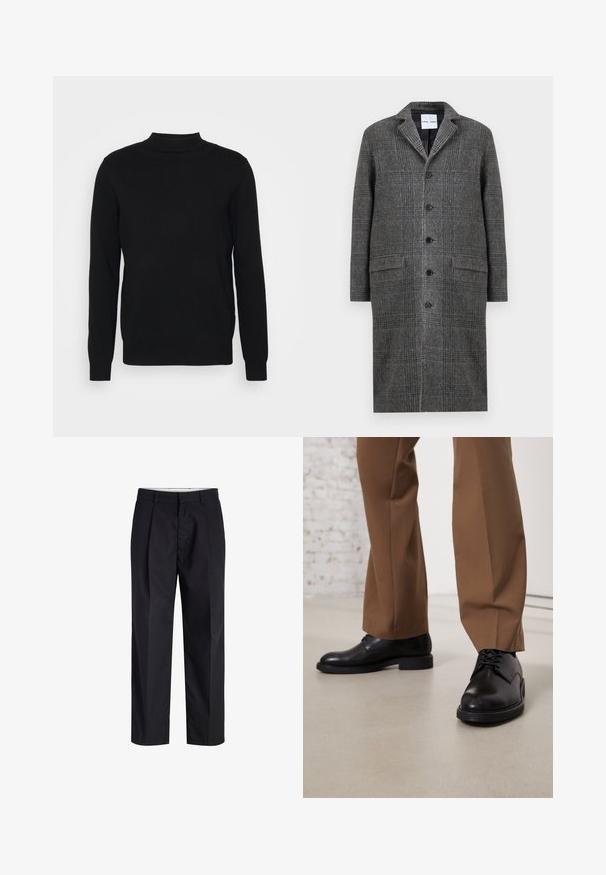 Grijs patroon overjas met een notch-kraag, zes knopen en twee voorzakken, gemaakt van een gestructureerde wolmix stof.; Zwarte pullover trui van zachte stof met een hoge hals en lange mouwen. Eenvoudig ontwerp, zonder patronen of versieringen.; Zwarte broek met rechte pijpen, voorzien van een tailleband, riemlussen, een ritssluiting aan de voorkant en zijzakken, afgebeeld op een witte achtergrond.; Zwarte leren schoenen met een gladde oppervlakte en een ronde neus, metveterafsluiting en een lage, platte zool. Gecombineerd met bruine broeken.