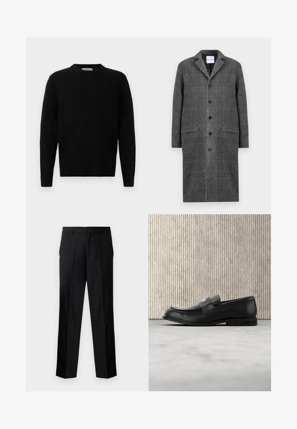 Grå mønsteret frakke med notch krave, seks knapper og to forlommer, lavet af et struktureret uldblandingsstof.; Sort strik sweater med rund hals, lange ærmer og ribbede manchetter. Blød tekstur med et rent, minimalistisk design, velegnet til afslappet brug.; Sorte skræddersyede bukser med lige snit, der har knaplukning, lynlås og bæltestropper. Glat stof med sidelommer.; Sort læderloafer med metalbrandskilt hvilende nær et brunt rundt bord på beige tæppe.