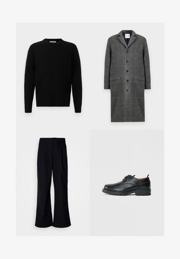 Grijs patroon overjas met een notch-kraag, zes knopen en twee voorzakken, gemaakt van een gestructureerde wolmix stof.; Zwarte gebreide sweater met ronde hals, lange mouwen en geribde manchetten. Zachte textuur met een schone, minimale uitstraling, geschikt voor casual draag.; Zwarte wijde pantalon van katoen met een voorkruis, voorzien van een knoopsluiting en riemlussen, met een soepele textuur en zonder zichtbare patronen.; Zwarte leren derby schoenen met een gladde textuur, ronde neus, vetersluiting en een dikke, robuuste rubberen zool.