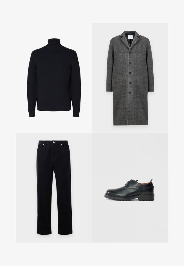 Grå mønsteret frakke med notch krave, seks knapper og to forlommer, lavet af et struktureret uldblandingsstof.; Sort langærmet strikket rullekrave sweater med ribstrikkede ærmekant og kant, vist på hvid baggrund.; Sorte fløjl bukser med lige ben-design, der har en knap- og lynlåslukning, fem lommer og et blødt, tekstureret stof.; Sorte læder derby-sko med en glat overflade, rund tå, snøre-design og en tyk, robust gummisål.