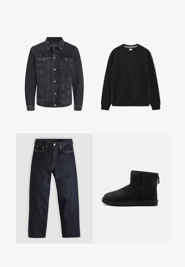 Zwarte denimjack met een klassiek ontwerp, voorzien van een puntenkraag, knoopsluiting aan de voorkant, twee borstzakken en zijzakken.; Zwarte trui met lange mouwen en ronde hals, voorzien van geribbelde boorden, een klein patch op de linker mouw en stofdetail op de schoudernaden.; Donkerblauwe denim jeans met een rechte snit, vijf zakken, contrasterende oranje stiksels en een knoopsluiting. Geen zichtbare patronen of versieringen.; Zwarte suède enkellaarsjes met ronde neus, minimale stikdetails, een lusje om aan te trekken en een gestructureerde rubberen zool. Ontworpen voor warmte en comfort.