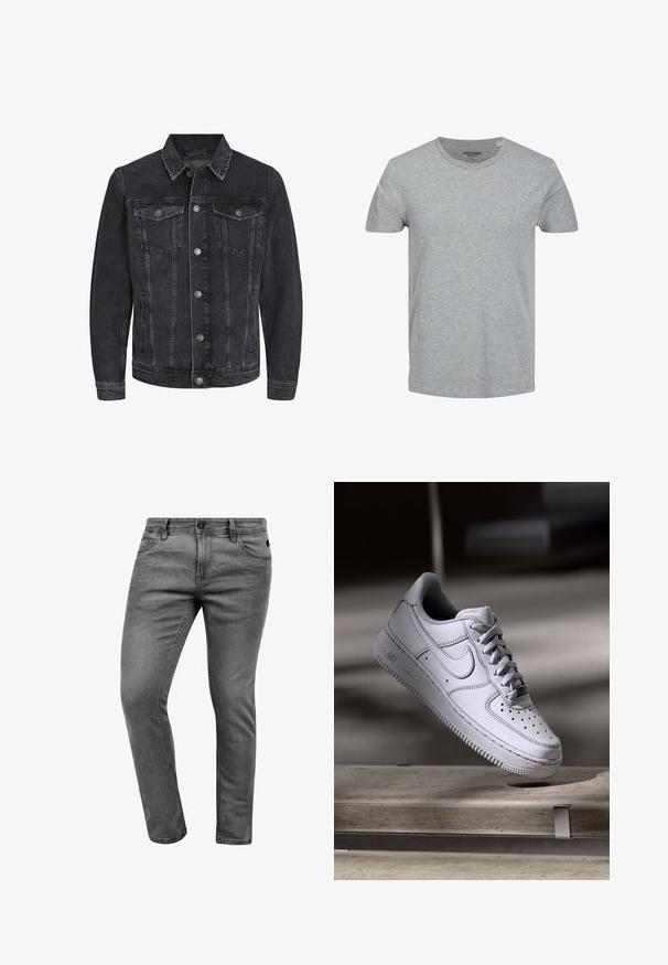 Zwarte denimjack met een klassiek ontwerp, voorzien van een puntenkraag, knoopsluiting aan de voorkant, twee borstzakken en zijzakken.; Grijze T-shirt met korte mouwen, gemaakt van zachte katoen. Kenmerkt zich door een klassieke ronde halslijn en een reguliere pasvorm. Eenvoudig ontwerp zonder patronen of accenten.; Grijze denim jeans met een slim fit, voorzien van vijf zakken, een knoopsluiting en subtiele stikseldetails. Zachte textuur en een strakke uitstraling.; Witte Nike Air Force 1 sneaker van leer met geperforeerde neus, platte veters en een gestructureerde rubberen zool met "AIR"-logo aan de zijkant.