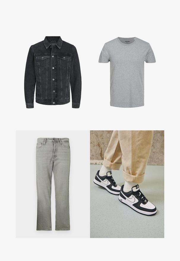 Schwarze Jeansjacke mit klassischem Design, spitzem Kragen, vorderer Knopfleiste, zwei Brusttaschen und seitlichen Taschen.; Grau T-Shirt mit kurzen Ärmeln aus weicher Baumwolle. Mit klassischem Rundhalsausschnitt und normaler Passform. Einfaches Design ohne Muster oder Akzente.; Hellgraue Denim-Jeans mit geradem Schnitt, ausgestattet mit einer fünf Taschen-Stil, einem Frontreißverschluss und subtiler verblichener Textur.; Schwarz-weiße Nike Air Force 1 Sneaker mit einem Obermaterial aus Leder, perforierter Zehenpartie und strukturiertem Sohlendesign, getragen mit aufgerollten beigen Hosen und weißen Socken.