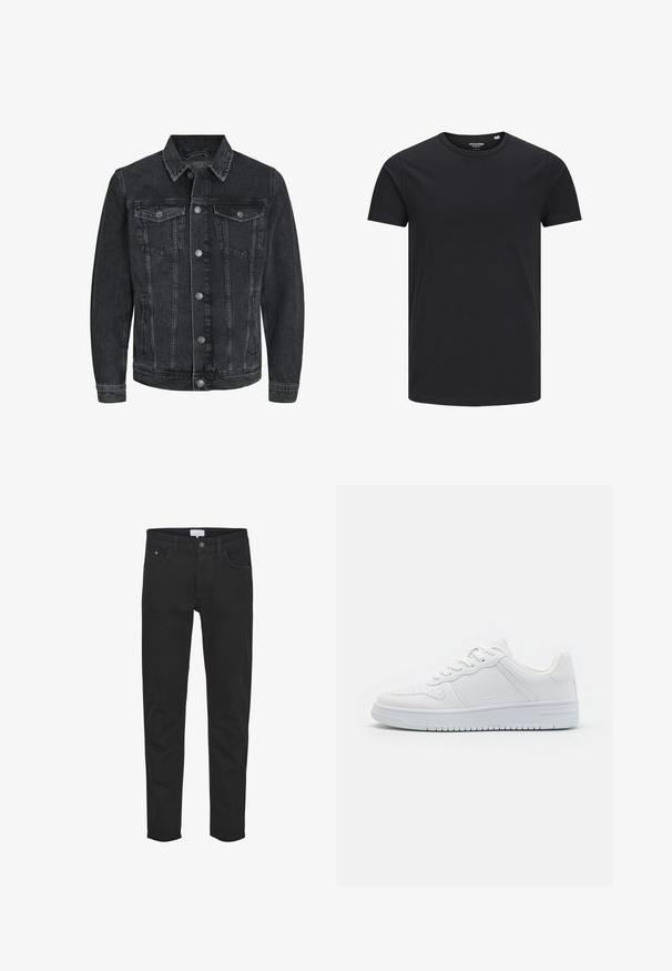 Sort denimjakke med et klassisk design, der har en spids krave, frontknaplukning, to brystlommer og sidelommer.; Sort bomulds T-shirt med rund hals, korte ærmer og et enkelt design. Glat tekstur, ingen mønstre eller synligt tilbehør.; Sorte denimjeans har fem lommer, lynlås, en slim fit og subtile syninger. Stoffet har en glat tekstur.; Hvide sneakers lavet af glat syntetisk materiale, med flade snørebånd, perforeret tå og en gummisål med et tekstureret grebmønster.