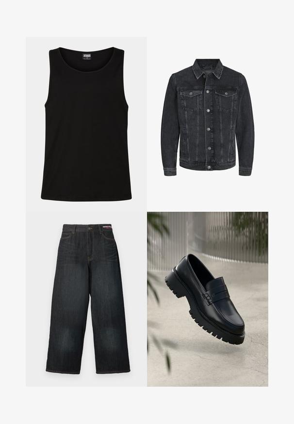 Schwarze Jeansjacke mit klassischem Design, spitzem Kragen, vorderer Knopfleiste, zwei Brusttaschen und seitlichen Taschen.; Schwarzes Tanktop aus weichem Baumwollstoff. Hat einen runden Halsausschnitt und breite Armausschnitte, ohne sichtbare Muster oder Akzente.; Dunkelblaue Jeans mit weitem Bein, Knopfverschluss, fünf Taschen und gelben Nähten. Der Stoff wirkt leicht ausgewaschen.; Schwarze Lederloafer mit einer robusten profilierten Sohle, ausgestattet mit einem dekorativen Riemen und einer Stichdetail. Glatte Textur mit einem polierten Finish.