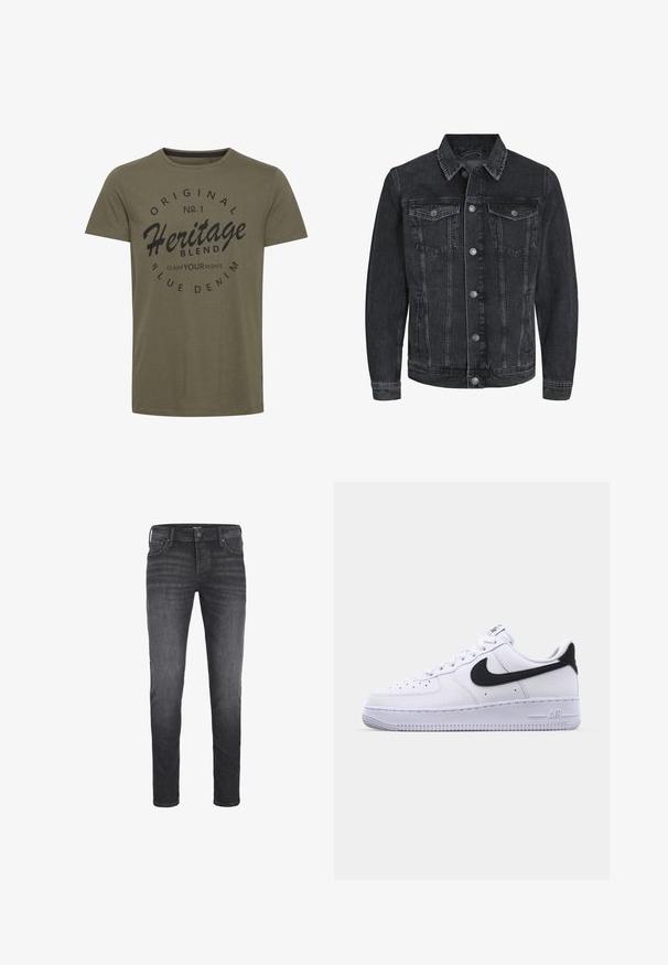 Zwarte denimjack met een klassiek ontwerp, voorzien van een puntenkraag, knoopsluiting aan de voorkant, twee borstzakken en zijzakken.; Olijfgroen katoenen t-shirt met ronde hals, voorzien van zwarte bedrukte tekst: "Original No. 1 Heritage Blend Claim Your Rights" in een circulair ontwerp.; Zwarte jeans voor heren in een slim fit. Gemaakt van denim met een gladde textuur, met vijf zakken, een knoopsluiting en subtiele vervaging.; Witte leren sneaker met een gestructureerde zwarte Swoosh, platte veters en een rubberen zool met een geribbeld patroon. "AIR" is in de hak geperst.