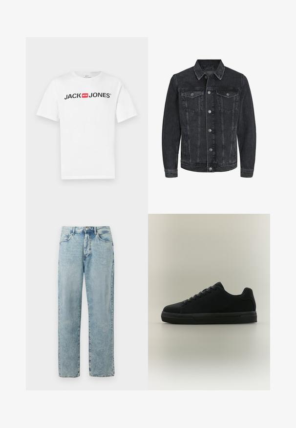 Schwarze Jeansjacke mit klassischem Design, spitzem Kragen, vorderer Knopfleiste, zwei Brusttaschen und seitlichen Taschen.; Weißes Baumwoll-T-Shirt mit einem großen schwarzen "JACK & JONES"-Logo und rotem Kastenakzent. Kurze Ärmel und klassischer Rundhalsausschnitt.; Hellblaue gerade geschnittene Jeans aus Denim mit einem Knopf- und Reißverschluss, Vordertaschen und dezentem verblasstem Finish.; Schwarzer Sneaker mit niedrigem Schaft, Schnürsenkeln, Gummisohle und glattem Finish, seitlich auf neutralem Hintergrund dargestellt.