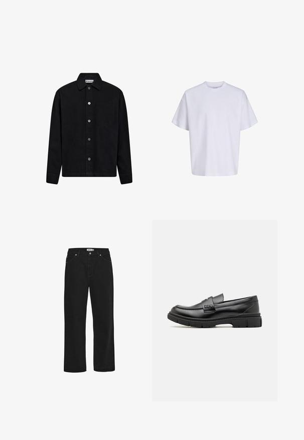 Zwart overhemd met knopen, gemaakt van katoen, met een kraag, een enkele borstzak en zilveren knopen aan de voorkant. Gladde textuur.; Effen witte oversized T-shirt met korte mouwen, ronde hals en losse pasvorm tegen een witte achtergrond.; Zwarte denim jeans met een rechte pasvorm, vijf-pocket ontwerp, koperen hardware accenten en een stevige tailleband. Gladde textuur, onopgesmukt stijl.; Zwarte leren instapper met een brede band over de voet, rubberen zool met dikke noppen en een gladde textuur. Klassiek, strak ontwerp.