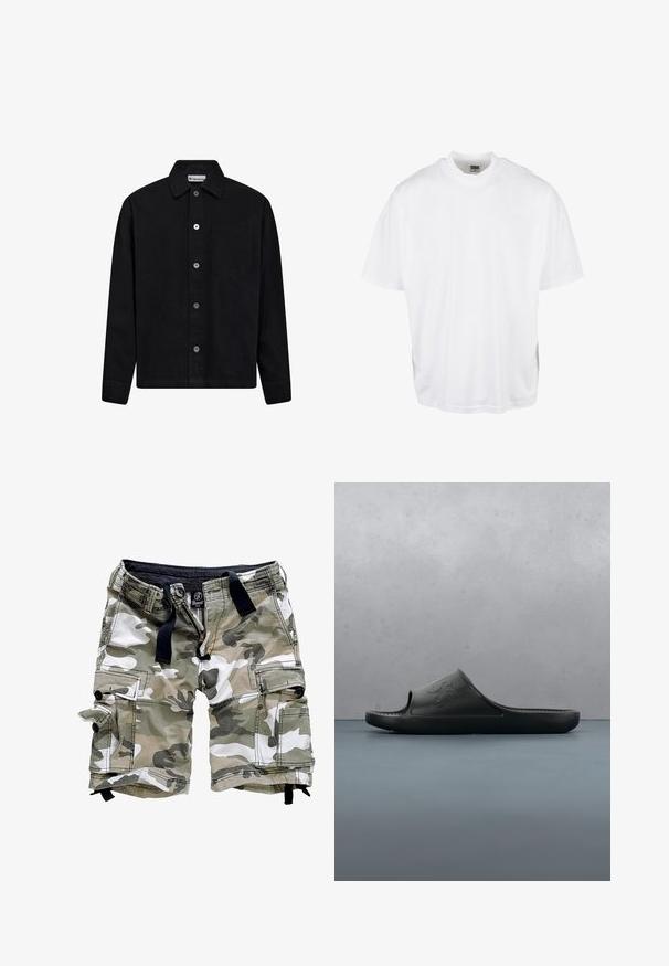 Camisa negra de algodón con botones, cuello con solapa, un bolsillo en el pecho y botones plateados en el frente. Textura suave.; Camiseta de algodón blanca con un corte relajado, mangas cortas y cuello redondo, que presenta un dobladillo recto y sin gráficos ni patrones visibles.; Pantalones cortos de trabajo de camuflaje en tonos verdes y blancos, con múltiples bolsillos, cierre de cremallera y detalles en cuerda de ajuste negra. Tela de algodón con un corte relajado.; Chancla de goma negra con punta abierta, plantilla texturizada y logotipo grabado "BOS". Mostrada sobre un fondo de baldosas de madera y grava.
