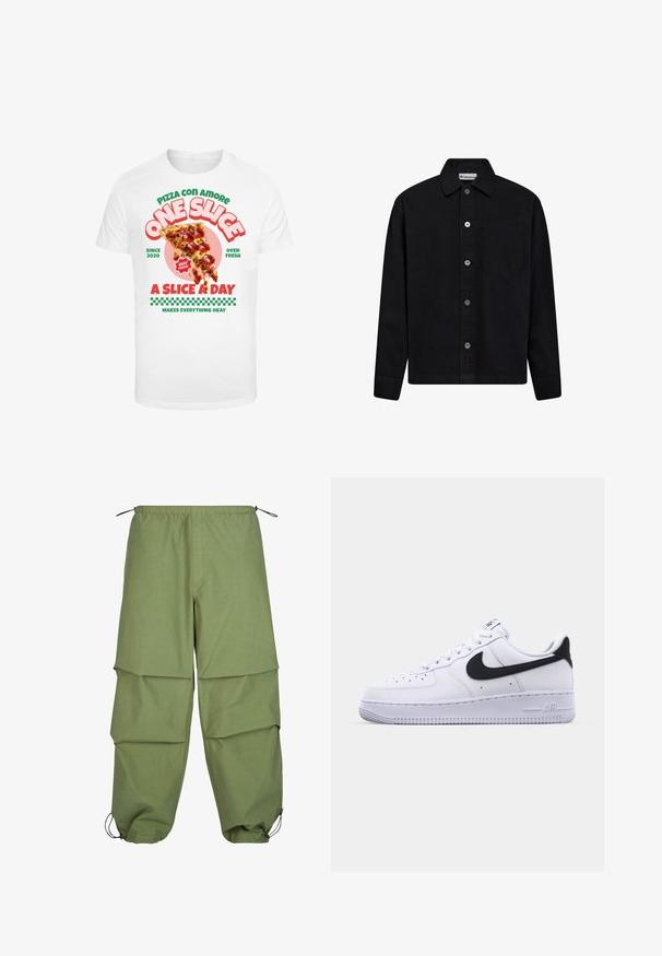 Zwart overhemd met knopen, gemaakt van katoen, met een kraag, een enkele borstzak en zilveren knopen aan de voorkant. Gladde textuur.; Witte t-shirt met een grafische print van een pizzapunt met pepperoni, vergezeld van kleurrijke tekst en een geruit patroon aan de onderkant.; Lichte, olijfgroene cargobroeken met een elastische tailleband, gelaagd ontwerp en trekkoord manchetten. Gemaakt van een soepele, duurzame stof.; Witte leren sneaker met een gestructureerde zwarte Swoosh, platte veters en een rubberen zool met een geribbeld patroon. "AIR" is in de hak geperst.