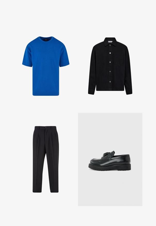 Zwart overhemd met knopen, gemaakt van katoen, met een kraag, een enkele borstzak en zilveren knopen aan de voorkant. Gladde textuur.; Blauw T-shirt met korte mouwen van katoen, met een klassieke ronde hals en een relaxte pasvorm. Zachte textuur zonder zichtbare patronen of accenten.; Zwarte op maat gemaakte broek met voorplooien, riemlussen en een knoopsluiting in de taille.; Zwarte leren loafer met kwastjes, dikke rubberen zool en lage hak, zijaanzicht op een effen achtergrond.