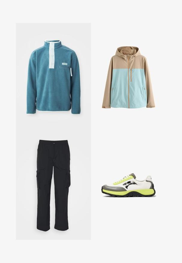 Chaqueta con capucha en beige y azul claro con cremallera frontal, bolsillo en el pecho con cremallera y bolsillos laterales con cremallera, diseñada para uso al aire libre.; Sudadera de forro polar color azul verdoso con un cuello alto, cuatro botones en el frente y un bolsillo en el pecho con cremallera. Presenta ribetes blancos en el cuello y las mangas.; Pantalones cargo negros hechos de tejido tejido. Cuenta con una cinturilla ajustable, bolsillos laterales y dos bolsillos de utilidad con cremalleras.; Las zapatillas presentan una parte superior de lona blanca, acentos de goma gris, cordones de neón verde, un logo prominente y una suela negra texturizada para mayor agarre.