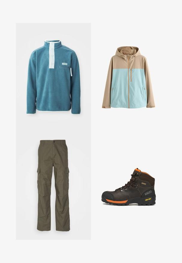 Beige und hellblaue Kapuzenjacke mit Frontreißverschluss, Reißverschlusstasche auf der Brust und Reißverschlusstaschen an den Seiten, entworfen für den Außeneinsatz.; Tamaris-farbenes Fleece-Pullover mit hohem Kragen, vierknöpfem Vorderseite und einer Reißverschlusstasche auf der Brust. Mit weißen Akzenten entlang des Kragens und der Ärmel.; Olivefarbene Cargo-Hose mit geradem Schnitt, aus strukturiertem Stoff. Verfügt über große Seitentaschen und einen Knopfverschluss.; Brauner Leder-Wanderschuh mit schwarzen und orangefarbenen Akzenten, schwarzen Schnürsenkeln, Vibram-Sohle, Gore-Tex-Label und Aigle 1853 Logo an der Ferse.