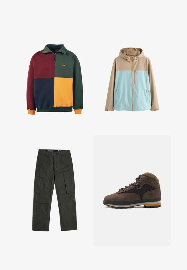 Beige und hellblaue Kapuzenjacke mit Frontreißverschluss, Reißverschlusstasche auf der Brust und Reißverschlusstaschen an den Seiten, entworfen für den Außeneinsatz.; Blockfarbener Sweatshirt mit Abschnitten in Grün, Burgunderrot, Marineblau und Senfgelb. Reißverschlusskragen-Design mit einem Elefantenlogo auf der Brust. Weicher Stoff.; Dunkelgrüne Cargohose mit Knopfverschluss, zwei schrägen Vordertaschen und zwei großen seitlichen Klappentaschen an jedem Bein.; Brauner Wanderschuh mit einem Design aus Wildleder und Mesh, ausgestattet mit Metallösen, lila Schnürsenkeln und einer Gummisohle mit gelben Akzenten.