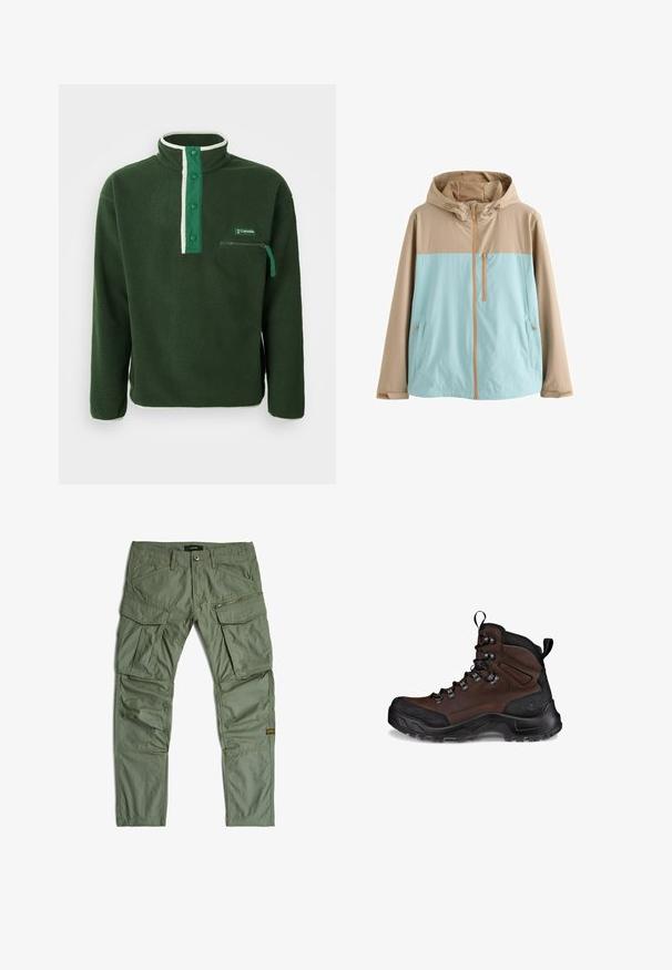 Beige en lichtblauw gewatteerd jack met capuchon, voorrits, een borstzak met rits en steekzakken met rits, ontworpen voor buitenactiviteiten.; Groene fleece pullover met een hoge kraag, voorzien van een contrasterende witte rits, drukknoopjes en een ritszak op de borst. Gelaagd stof.; Groene cargobroek met meerdere zakken, waaronder rits- en klepzakken, riemlussen en gestikte kniepaneeltjes, plat gelegd op een witte achtergrond.; Bruine wandelschoen met een textuurleder bovenwerk, zwart rubberen neuskap, versterkte ogen en een robuuste buitenzool voor grip.