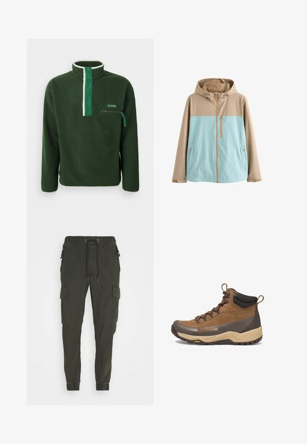 Beige og lyseblå hættejakke med frontlynlås, lynlåslomme på brystet og lynlåslommer i siderne, designet til udendørs brug.; Grøn fleecepullover med høj krave, der har en kontrasterende hvid lynlås, trykknapper og en lynlåslomme på brystet. Struktureret stof.; Khaki cargo bukser lavet af bomuld, med elastisk talje med snor, sidelommer og elastiske manchetter.; Brun og beige vandrestøvle i mellem højde med sort polstret krave, Gore-Tex-logo, metaløjer og Vibram-ydersål.