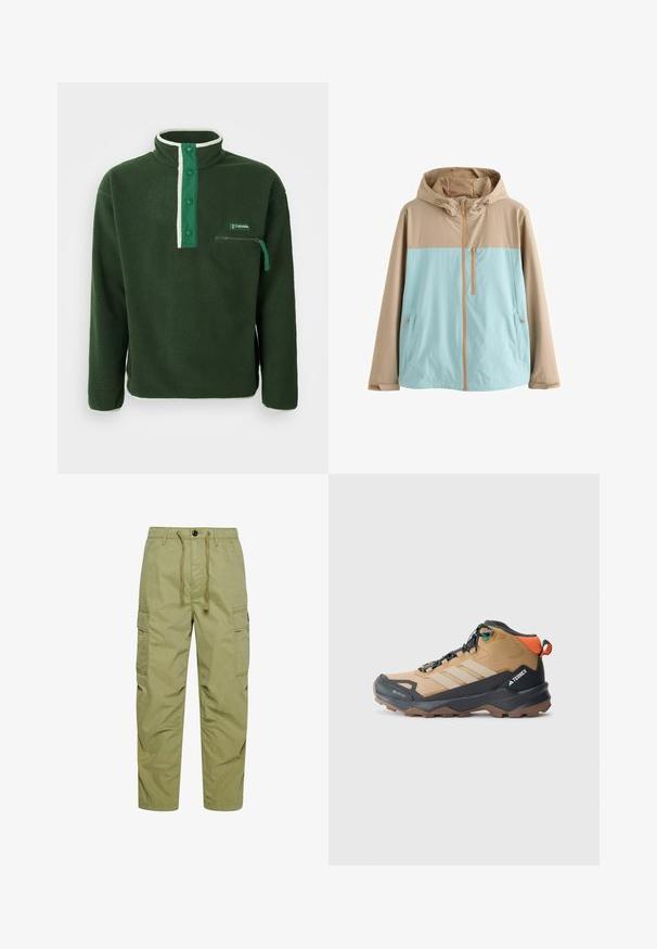 Chaqueta con capucha en beige y azul claro con cremallera frontal, bolsillo en el pecho con cremallera y bolsillos laterales con cremallera, diseñada para uso al aire libre.; Polaire verde con cuello alto, que presenta una cremallera blanca en contraste, botones a presión y un bolsillo en el pecho con cremallera. Tejido texturizado.; Pantalones cargo color caqui hechos de una mezcla de algodón, con cintura ajustable por cordón, dos bolsillos laterales y dos bolsillos en los muslos con cierres de solapa.; Bota de senderismo marrón y negra con paneles de malla, tres franjas blancas, una puntera reforzada y una suela de goma texturizada para un mejor agarre.