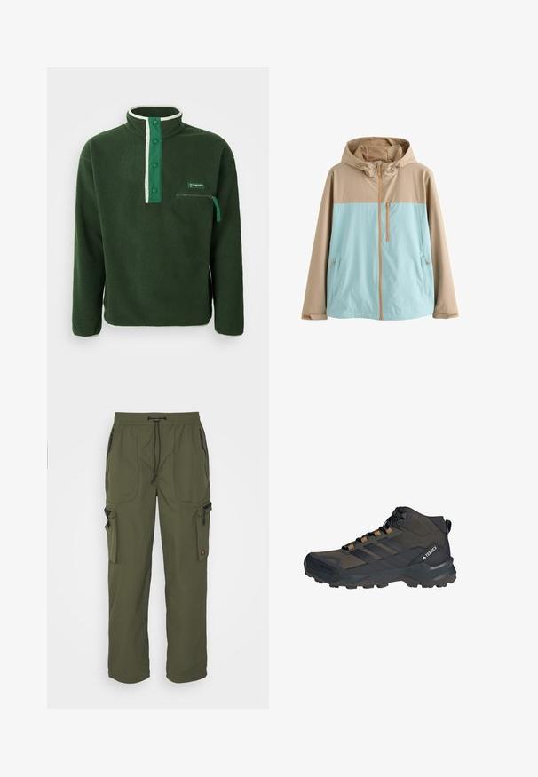 Beige og lyseblå hættejakke med frontlynlås, lynlåslomme på brystet og lynlåslommer i siderne, designet til udendørs brug.; Grøn fleecepullover med høj krave, der har en kontrasterende hvid lynlås, trykknapper og en lynlåslomme på brystet. Struktureret stof.; Oliven grøn cargo bukser lavet af let materiale, med elastisk talje, snorelukning og flere lynlåslommer.; Mørkebrun og sort vandresko med mellemhøj skaft og tekstureret ydersål, mesh-overdel, snørebånd foran og "Terrex" logo på siden.