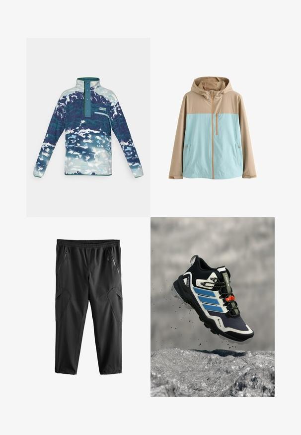 Beige og lyseblå hættejakke med frontlynlås, lynlåslomme på brystet og lynlåslommer i siderne, designet til udendørs brug.; Langærmet fleece-pullover med høj krave, trykknapper, brystlomme med lynlås og abstrakt mønster i blå-hvide nuancer.; Sorte cropped bukser med elastisk talje, to lynlåslommer på siden og vinklet sideakcent. Lavet af letvægts, glat stof.; Sort og blå Adidas Terrex vandresko med robust sål, der svæver over klippefyldt terræn med jord, der flyver rundt.