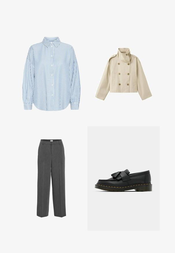 Veste courte beige à double boutonnage avec col montant, épaulettes boutonnées, manches longues larges et deux poches avant.; Chemise boutonnée rayée bleu clair et blanche avec un col, coupe ample, manches bouffantes et poignets retroussés. Fabriquée en tissu léger.; Pantalons gris ajustés avec un design à jambes droites, devant plat et texture subtile. Comprend une taille avec passants de ceinture et sans poches visibles.; Mocassins en cuir noir avec un bout rond, présentant un détail à franges et une bande décorative à l'avant, montés sur un talon épais.