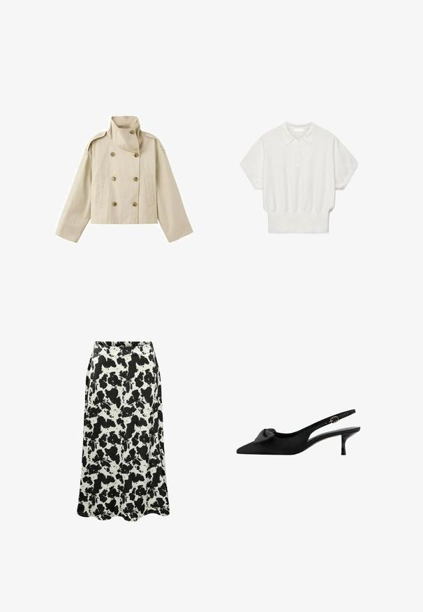Beige cropped dobbeltradet jakke med stående krave, knappede skulderstropper, lange vide ærmer og to forlommer.; Hvid polo-shirt med korte ærmer, knaplukning, ribbet kant og klassisk krave, vist på en ensfarvet hvid baggrund.; Sort-hvid midi-nederdel med ko-printdesign, lavet af letvægtsstof, med en flydende silhuet og en bølget kant.; Sort slingback kitten heel med spids tå, med sløjfedetalje foran og justerbar strop med guldfarvet spænde.