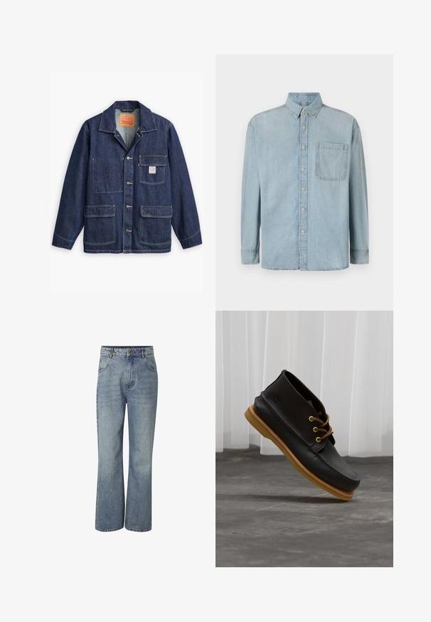 Levi's® Workwear ENIGNEER - Chaqueta fina - me again; Camisa de mezclilla de color azul claro con mangas largas, cierre de botones en la parte delantera y un bolsillo en el pecho. Presenta un cuello clásico y puños estándar.; Vaqueros de denim azul de cintura alta con piernas anchas, cierre frontal con botones, trabillas para cinturón y bolsillos delanteros y traseros.; Zapatos de cuero negro con un acabado suave, punta redonda, cordones marrones y suelas de goma marrón claro. Logo embossado en el costado.