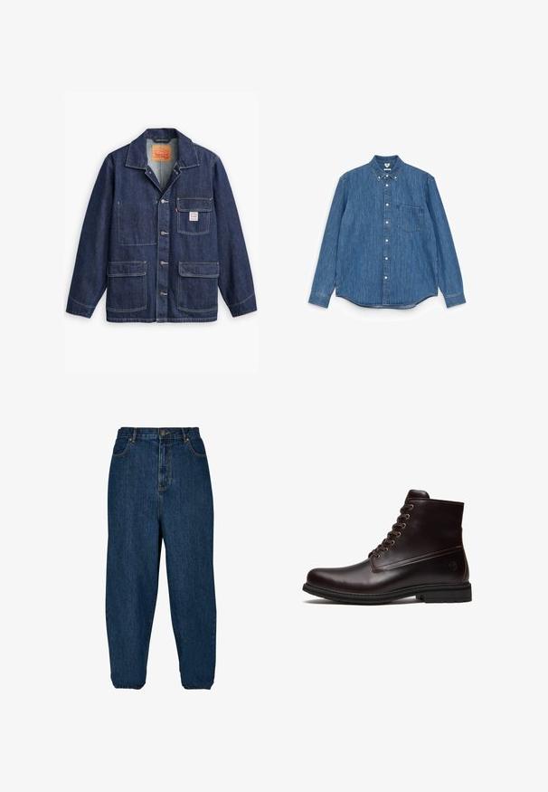 Levi's® Workwear ENIGNEER - Chaqueta fina - me again; Camisa de mezclilla azul de manga larga con cuello puntiagudo, botones blancos, un bolsillo en el pecho y un dobladillo recto. Textura uniforme y peso medio.; Jeans de denim azul oscuro con un corte holgado, cintura alta y puños elásticos. Cuenta con un cierre frontal de botón y cinco bolsillos.; Bota corta de cuero marrón oscuro con cordones, suela de goma y logo sutil en relieve cerca del talón, vista desde el lado exterior.