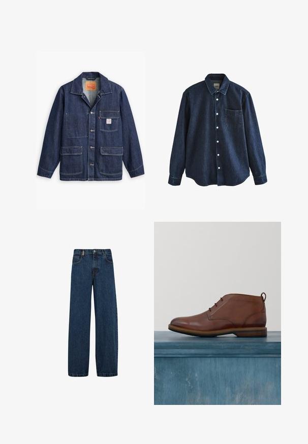 Levi's® Workwear ENIGNEER - Chaqueta fina - me again; Camisa de mezclilla azul oscuro de manga larga con botones, cuello y un bolsillo en el pecho, mostrada sobre fondo blanco.; Vaqueros de mezclilla en azul oscuro, con un corte de pierna ancha, diseño de cinco bolsillos y un cierre clásico de botón con cremallera de metal.; Botín de cuero pulido marrón con cordones, flotando sobre un suelo de concreto claro y agrietado, con plantas borrosas y una ventana al fondo.