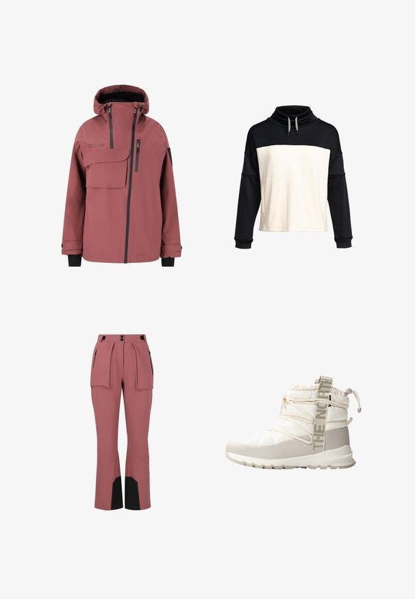 Vandtæt jakke i en dæmpet pink farve med en stor forlommer, lynlåslomme på brystet og sorte lynlåsdetaljer.; Pullover sweatshirt med en sort overdel og en cremefarvet underdel. Tekstureret stof med en funnel neck og snørelukning. To forlommer.; Vandtætte, lyserøde skibukser med lige snit, plisseret front, to sidelommer og sorte detaljer ved anklerne.; Hvide, fyldige støvler med en grå gummisål, elastiske snørebånd og et tekstureret stofoverdel. Har en mærket stofsløjfe og en justerbar krave.