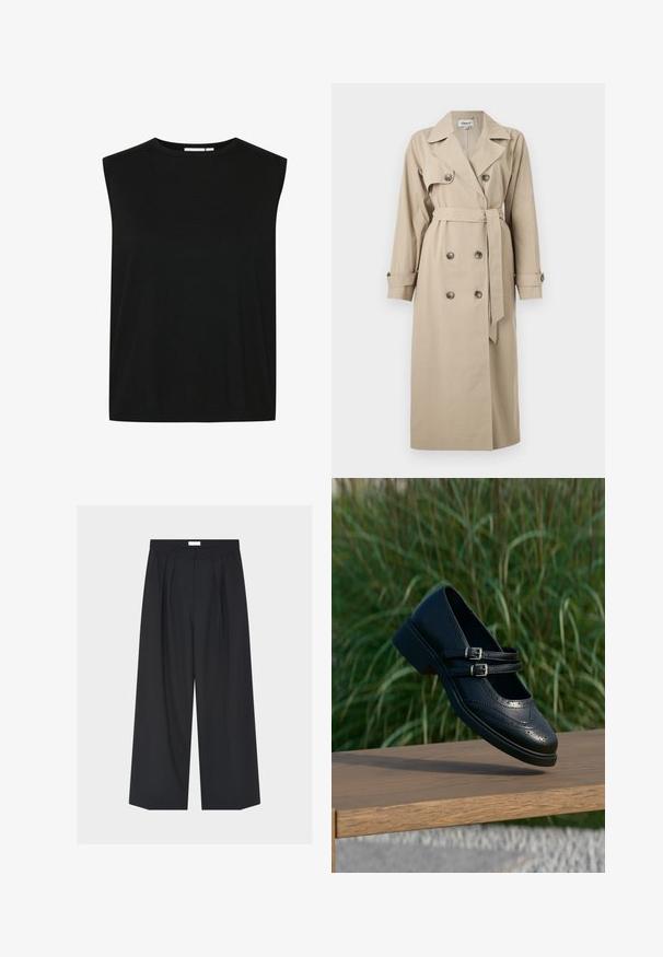 Beiger langer Trenchcoat mit doppelreihigen Knöpfen, weitem Revers, tailliertem Gürtel und geknöpften Manschetten vor einfarbigem Hintergrund.; Schwarzes ärmelloses Oberteil mit rundem Halsausschnitt, aus einem gerippten Stoff gefertigt, mit lockerer Passform und geradem Saum, entworfen für Komfort.; Weit geschnittene schwarze Hose mit vorderen Falten, Gürtelschlaufen und Seitentaschen auf einfarbig hellem Hintergrund.; Schwarzer Mary Jane Lederschuh mit doppelten Schnallenriemen und Brogue-Details, schwebend über einer Holzbank mit grünem Gras im Hintergrund.
