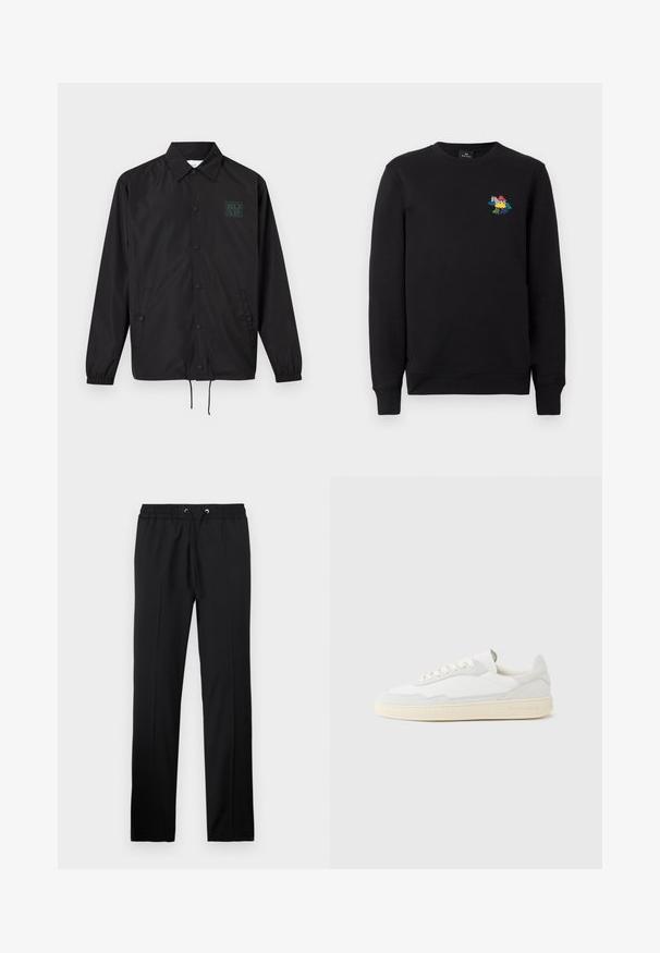 Schwarze langärmlige Jacke zum Knöpfen mit Kragen, zwei Fronttaschen, elastischen Bündchen, Kordelzug am Saum und kleinem grünem Logo auf der linken Brust.; Schwarzer Sweatshirt mit Rundhalsausschnitt und langen Ärmeln, mit einem kleinen bunten Zebra-Design auf der linken Brust, das rote, gelbe, blaue und grüne Akzente aufweist.; Iceberg PANTALONI - Stoffhose - nero; Weißer Sneaker mit strukturiertem Obermaterial aus Wildleder und Leder. Verfügt über eine runde Zehenpartie, Schnürverschluss und eine kontrastierende beige Gummisohle.