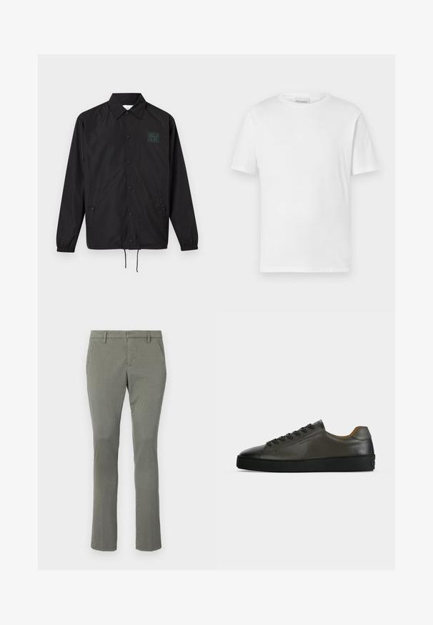 Veste noire à manches longues boutonnée avec col, deux poches avant, poignets élastiques, bas à cordon de serrage et petit logo vert sur la poitrine gauche.; T-shirt blanc à manches courtes en coton. Présente un col rond et un ourlet droit. Sans motifs ni embellissements. Design simple.; Chinos gris avec une coupe droite, dotés de deux poches latérales et d'une taille épurée. Fabriqués à partir d'un tissu lisse et léger.; Basket basse en cuir gris foncé avec lacets et semelle noirs, design minimaliste, profil latéral sur un fond clair uni.