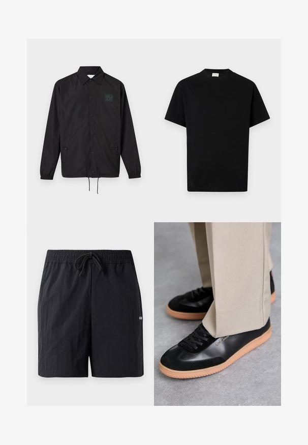 Sort langærmet knapjakke med krave, to forlommer, elastiske manchetter, snøre i kanten og lille grønt logo på venstre bryst.; Sort bomuld t-shirt med rund hals, korte ærmer og lige snit. Ingen synlige mønstre eller hardwaredetaljer.; Sorte badeshorts lavet af struktureret stof, med elastisk talje med snor og et lille logo på siden.; Paul Smith COMO - Sneakers - black