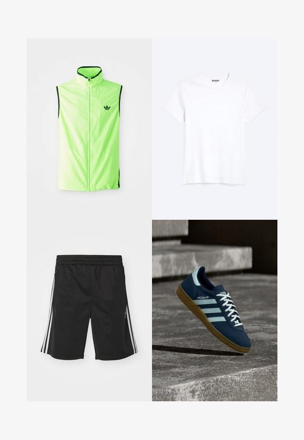 Neon grøn ærmeløs atletisk vest med frontlynlås, høj krave og sorte detaljer, der har et lille sort logo på venstre bryst.; Enkelt hvid T-shirt med korte ærmer og rund hals med synligt WEEKDAY-mærke i kraven, vist på en lys baggrund.; Sorte sportsshorts med elastisk talje, med hvide sidestriber og en glat stofstruktur. Ingen yderligere dekorationer.; Blå Adidas Spezial sneaker med hvide striber og snørebånd, gummisål, svævende over en ru betongoverflade og trin i baggrunden.