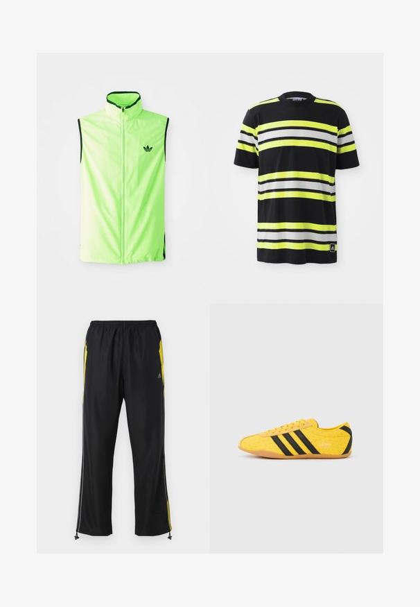 Neon groene mouwloze sportvest met een rits aan de voorkant, hoge kraag en zwarte accenten, voorzien van een klein zwart logo op de linkerkant van de borst.; Zwarte T-shirt met horizontale strepen in neon geel, wit en zwart. Heeft een ronde hals en een Adidas-logo op de linksonder.; Zwarte sportbroek met gele zijkanten, elastische tailleband en met rits te sluiten zijzakken. Gemaakt van lichtgewicht, gladde stof.; Geel sportschoen met een gestructureerd bovenwerk, voorzien van zwarte strepen en logo. Ronde neus, zachte zool en zigzagpatroon op het materiaal.