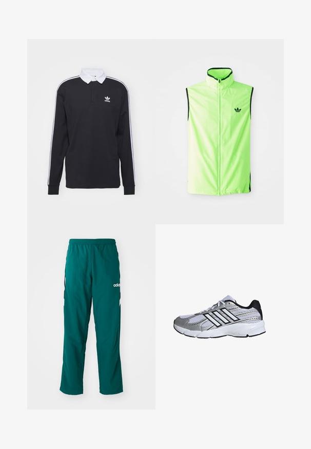 Neon groene mouwloze sportvest met een rits aan de voorkant, hoge kraag en zwarte accenten, voorzien van een klein zwart logo op de linkerkant van de borst.; Zwarte longsleeve polo met witte kraag en drie witte strepen langs de mouwen; voorzien van een geborduurd Adidas-logo op de borst.; Groene sportbroek gemaakt van lichtgewicht stof, met een elastische tailleband, zijzakken en een wit Adidas-logo aan de linkerzijde.; Mesh sportieve schoenen in wit en zilver, met zwarte accenten, drie witte streeplogo, gevoerde kraag en een gestructureerde rubberen zool.