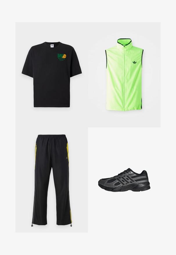 Neon-grünes ärmelloses Sportoberteil mit Frontreißverschluss, hohem Kragen und schwarzen Akzenten, ausgestattet mit einem kleinen schwarzen Logo auf der linken Brust.; Schwarzes Baumwoll-T-Shirt mit kurzen Ärmeln. Auf der Vorderseite befindet sich ein grünes und gelbes "Worldwide Hoops"-Grafik. Lockere Passform, runder Halsausschnitt.; Schwarze Sporthosen mit gelben Seitenakzenten, elastischem Bund und mit Reißverschlüssen versehenen Seitentaschen. Hergestellt aus leichtem, glattem Stoff.; Schwarze Sportschuhe aus Netz- und synthetischem Material, mit einer strukturierten Oberfläche, mehreren grauen Streifen und einem gepolsterten Schaft.
