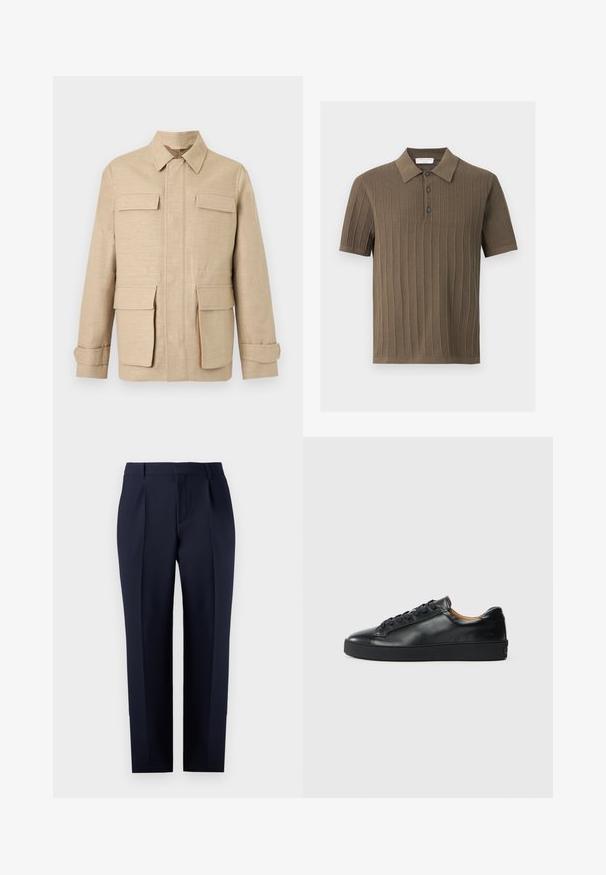 Chaqueta beige de manga larga con cuatro bolsillos con solapa, cremallera frontal oculta por una tapeta de tela y cuello clásico sobre un fondo liso.; Polo de manga corta de punto en verde oliva con textura acanalada vertical y tapeta con tres botones.; Pantalones sastre azul marino hechos de tejido texturizado, con corte recto, pliegues delanteros y una cinturilla clásica con trabillas para cinturón.; Zapatilla negra de cuero con una textura suave, puntera redonda y cierre de cordones. Presenta una suela de goma gruesa y un detalle de marca mínimo.