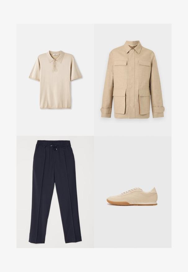 Beige langärmelige Jacke mit vier Klappentaschen, vorderem Reißverschluss, der von einer Stoffblende verdeckt wird, und klassischem Kragen auf einfarbigem Hintergrund.; Beige Poloshirt mit Kragen und dreiknopfiger Leiste. Kurze Ärmel, weiche Textur und gerader Saum. Minimalistisches Design.; Navyblaue Hose mit elastischem Bund und Kordelzug. Verfügt über zwei Frontfalten und schmal zulaufende Beine für eine strukturierte Silhouette.; Beige Wildledersneaker mit einem schlanken Design, einer strukturierten Oberseite, abgerundetem Fuß und einer Gummisohle mit Zickzackmuster.